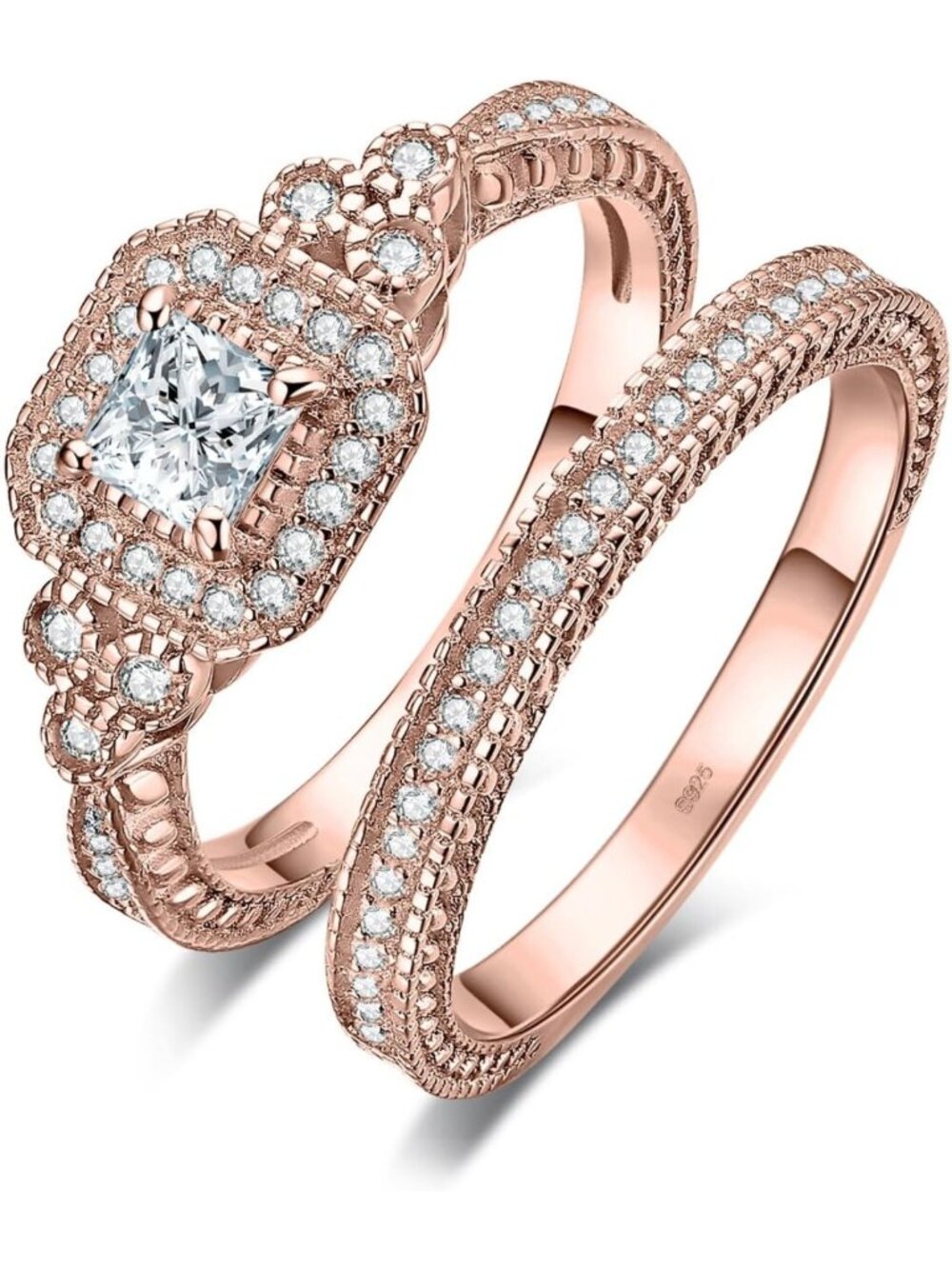 Vintage 14K Gold Plated Sterling Silver Halo Engagement Ring & Wedding Band Set